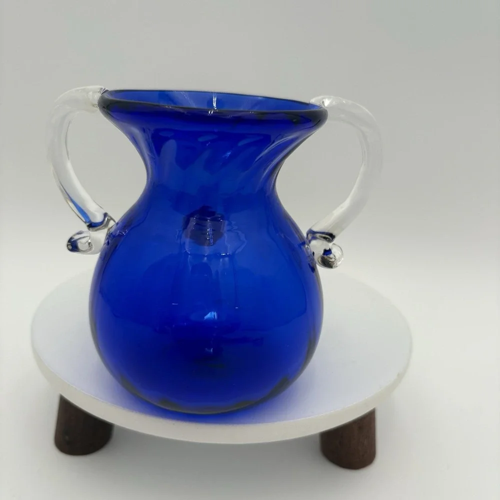 Rossi Glass Art Glass Blue Pitcher Applied‎ Double Handle Niagara Falls VTG